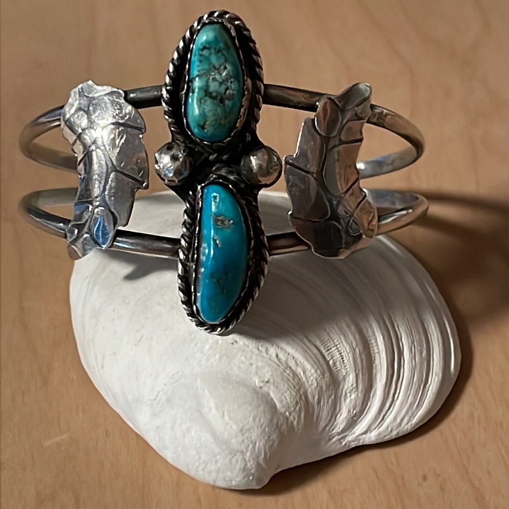Old Pawn Large Two Turquoise Stone Sterling Cuff Beautiful! 18g